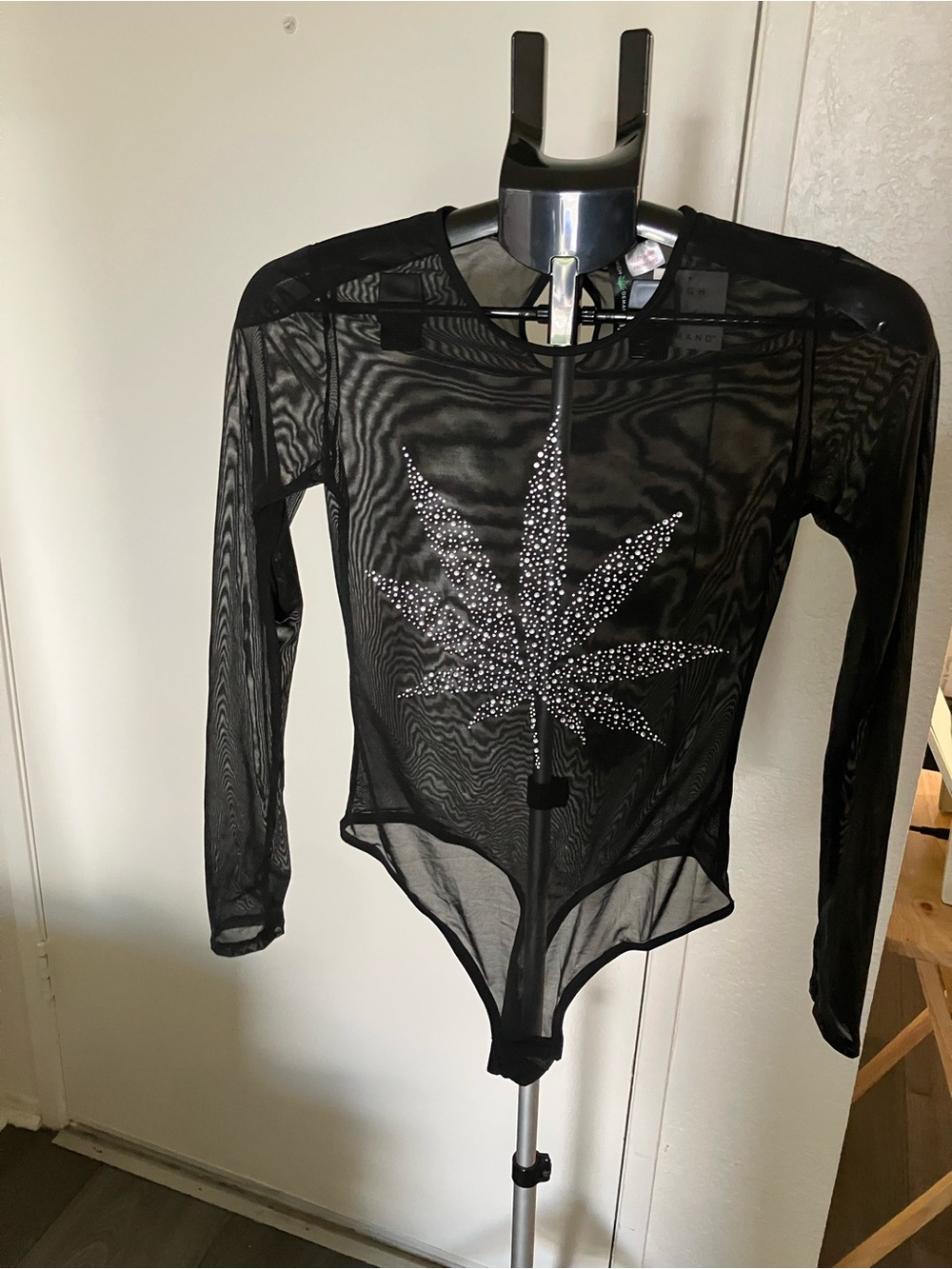 Black Sheer Long-Sleeve Rhinestone Leaf Bodysuit